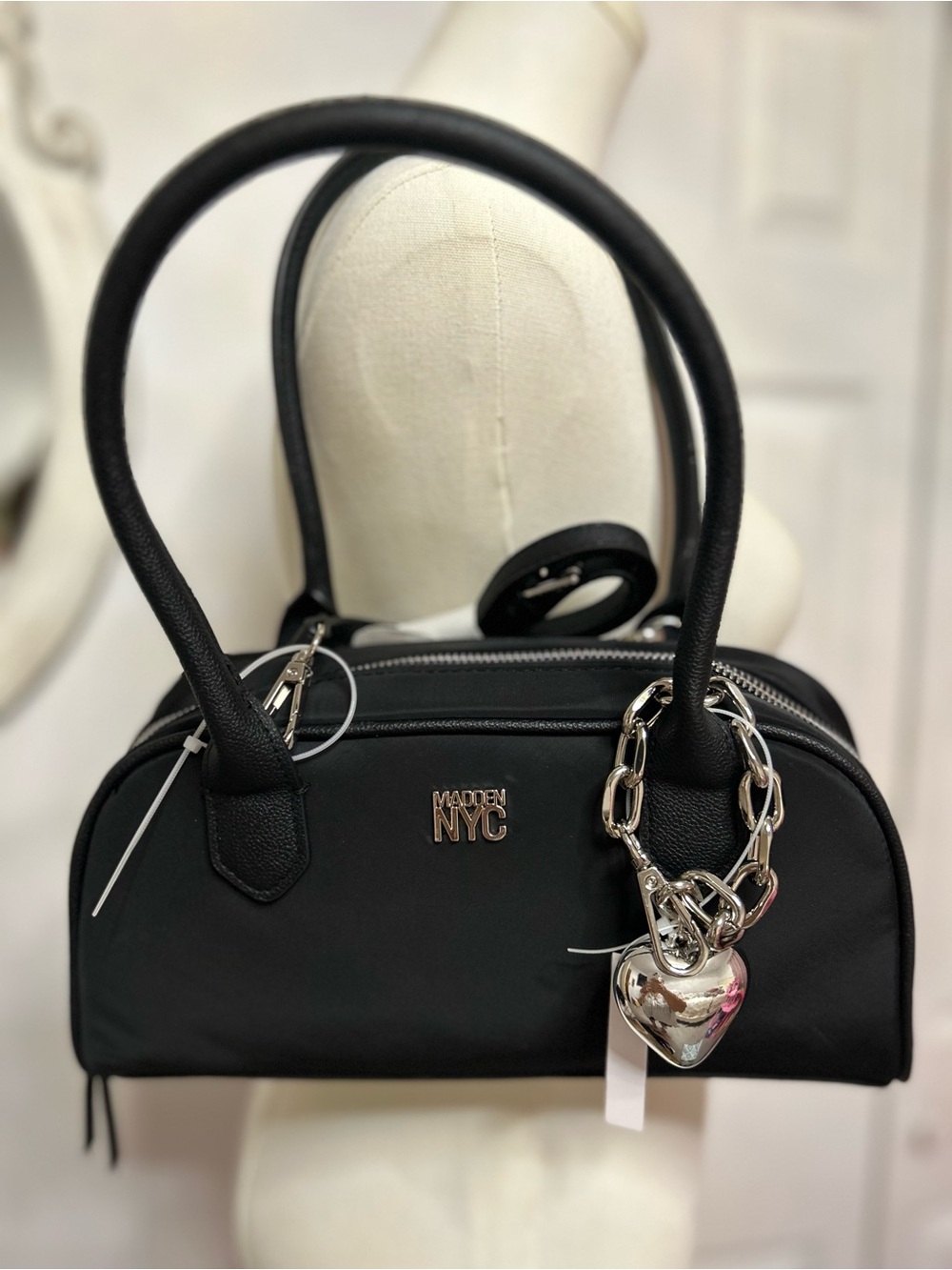 Madden NYC Black Dome Satchel with Heart Charm